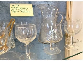 Lot 35- Vintage Glassware Etched Ice Bucket Pitcher Stemware