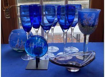 Lot 111 - Cobalt Lot - Blue Glass -  Wine Glasses, Flutes, Lavender Bowl