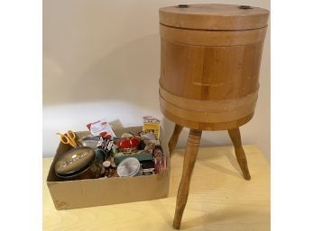 Lot 124 - Sewing Lot - Thread On Wooden Spools, Pins, Trinket Box, Thimbles, Sewing Notions, Wood Storage Bin