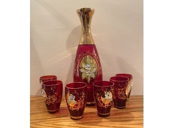 Lot 109 - Vintage Venetian Glass Decanter Cordial Set - Ruby Red Painted Flowers Gold Trim Bohemian