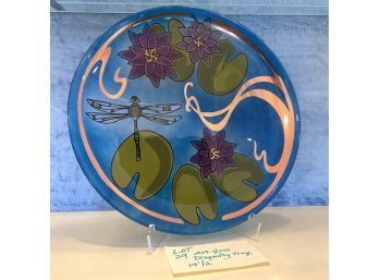 Lot 29-blue  Painted Art Glass Decorative Tray With Dragonfly