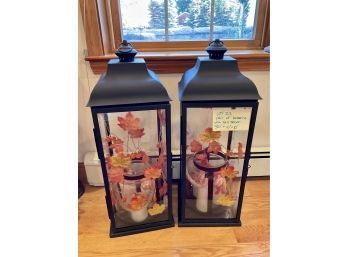 Lot 22- Pair Of Giant Black Metal Holiday Lanterns With Fall Decor 2 Feet 6 Inches