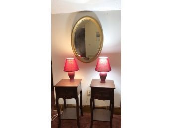 LOT 295 - Ensemble Of 2 End Tables - Large Gold Framed Oval Mirror, 2 Small Red Table Lamps