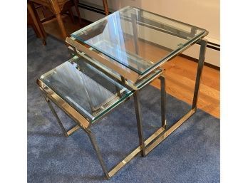 Lot 73- Pair Of Nesting Tables Hollywood Regency - Brass & Heavy Bevelled Glass Top - End Tables