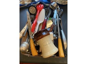 Lot 200 - Jackpot Utensil Lot!! Small Utensil Crock, Knives, Wooden Spoons, Whisks And More!