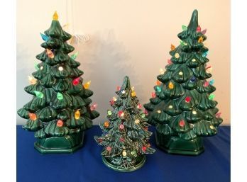 Lot 153- Vintage Ceramic Green Christmas Tree Lot Of 3 Tallest 12 Inches