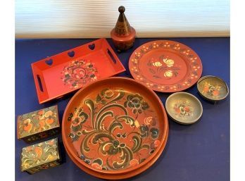 Lot 105 - Norwegian Decorative Hand Painted Wood Home Decor Lot With Metal Plate Trinket Boxes