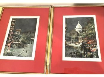 Lot 262 - Pair France French 2 Vintage Watercolor Lithos - Paris - Artist Unknown 16x20 Framed