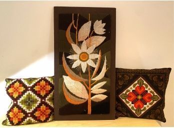 Lot 123: Three Pieces - Feeling Groovy Embroidery - Large Flower On Board And 2 Pillows