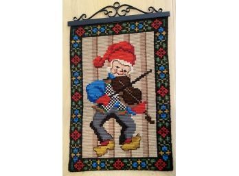 Lot 94 - Whimsy Norwegian Embroidery Boy With Violin And Black Metal Holder Wall Hanging 15x25