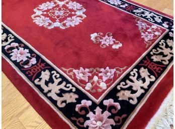 Lot 21- Ching Dynasty Red Black Oriental Rug 4 Feet X 6 Feet As Is