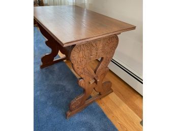 Lot 57 - Vintage Norwegian Carved Wood Double Drawer Oak Table Desk