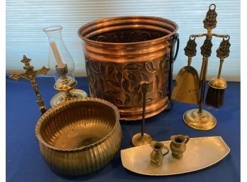 Lot 103 - Mixed Metal Lot - Large Copper Bucket, Nautical Fireplace Kit, Jesus, Lantern, Pewter