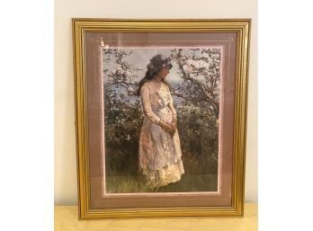 260 - Pregnant Woman 'Girl In Blossom' Isa Jobling Litho Print - Matted And Gold Framed 23x27