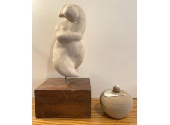 Lot 90 - Funky Vintage Mid Century Statue Sculpture On Wood Block - Hand Crafted Pottery  Signed Candle