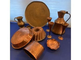 Lot 89 - Mixed Metal Lot: Large Copper Pitcher, Copper Bundt Pan, Copper Kettle, Vintage Wine, Lg Brass Tray