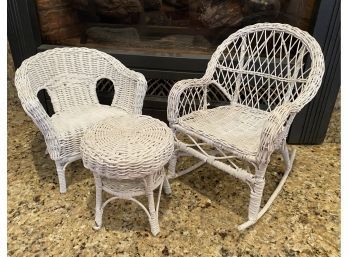 Lot 169 - Doll White Wicker Doll Furniture - Rocking Chair, Table Chair