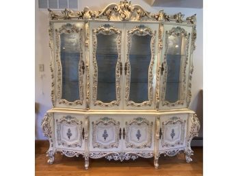 STUNNING Vintage High Relief Italian Baroque Silik Style Lighted Hutch Display Cabinet