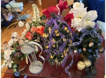 Lot 202 - Colorful Large Faux Flower Lot, Floral Decor - Plus A Tabletop Wind Chime - 2 Small Christmas Trees