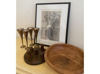 Lot 92 - Harvest Lot, 4 Brass Wine Flutes, Large Wood Bowl, Mid Century Candle Holder, Etching Litho