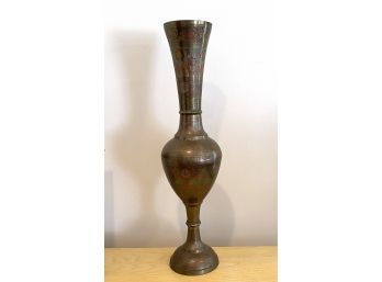 Lot 47- Tall Brass Vase 30 Inches With Colored Etchings