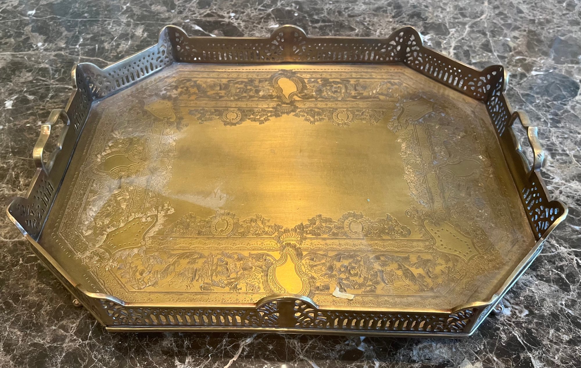 Decorative Crafts Inc Brasstone Engraved Footed Serving Platter 83981