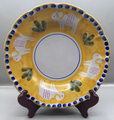1980s Solimene Vietri Hand Made Ceramic Yellow Plate With Lambs