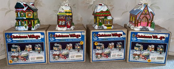 Wee Crafts Hand Painted Ceramic Christmas Village Houses - 4 Total - Box Included