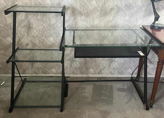Metal Frame Glass-top Computer Desk With Attached Side Shelving Rack