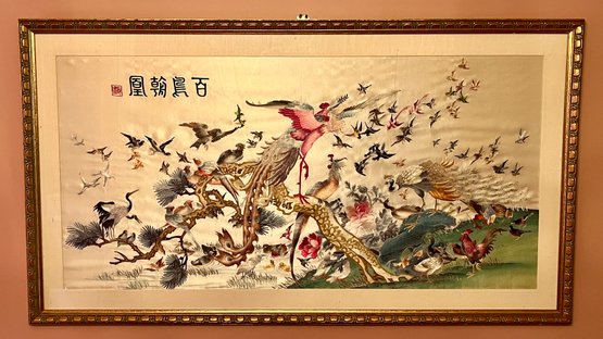 Decorative Japanese Embroidered Silk Wall Art Framed