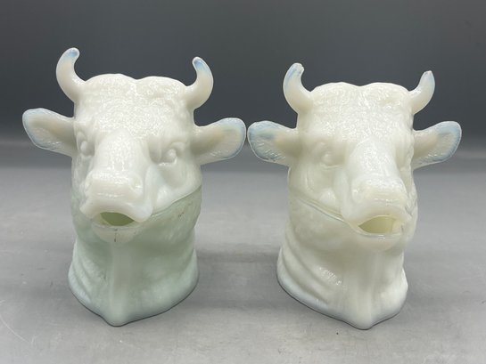 Antique Opaque Milk Glass Bulls Head Lidded Mustard Jar - 2 Total