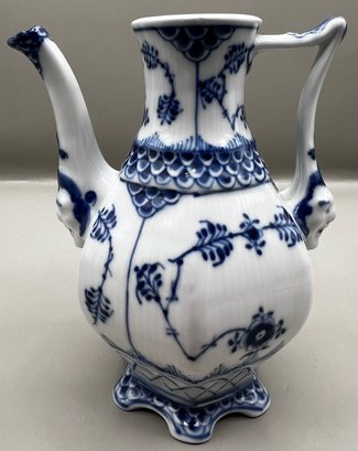 Royal Copenhagen Denmark Porcelain Blue & White Teapot With Faces On Handle & Spout