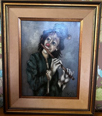 Hugo Casar Signed Clown Playing The Flute Oil Painting