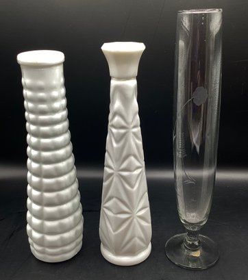 E.O Brody Milk Glass Vases & Hoosier Etched Bud Vase