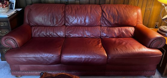 Maroon Leather 3 Cushion Sofa With Rivets