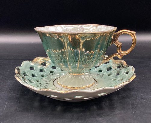 Vintage Lusterware Footed Tea Cup And Saucer Reticulated Aqua Gold White - 5 Piece Lot