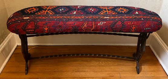 Custom Upholstered Bench With Ornate Metal Frame
