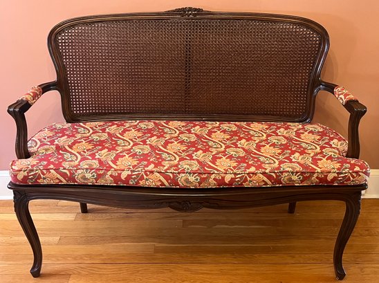 Vintage Wooden Cane-back Cushioned Bench