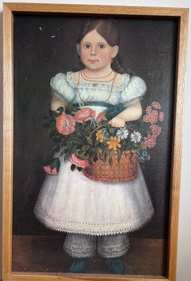 Unsigned Framed Folk Painting Of Young Girl With Basket Of Flowers