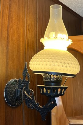 Wrought Iron Wall Sconce Lamp With Milk Glass Hobnail Shade - 2 Total