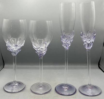 ION TAMAIAN Hand Blown Art Glass Champagne Flutes & Wine Glasses Signed - 4 Total
