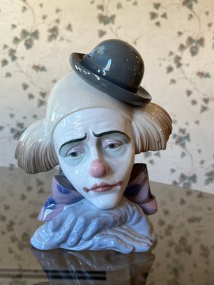 Lladro #5130 Pensive Clown Bust With Bowler Hat Flower Porcelain Figurine- Made In Spain