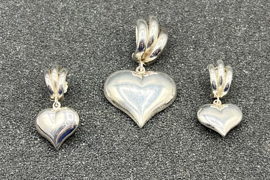 925 Heart Silver Pendant & Earring Set - 3 Pieces Total - .20 OZT Total