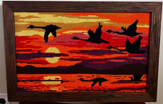 Framed Needlepoint Of Geese & The Sunset