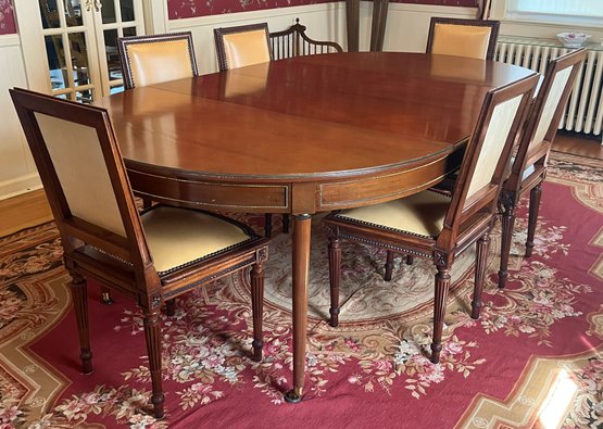 Custom Wooden Dining Table With 6 Leather Upholstered Wooden Chairs & 2 Leafs Included