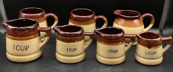Three Tone Brown Stoneware Measuring Cups With Pair Of Mugs & Creamer- 7 Piece Lot