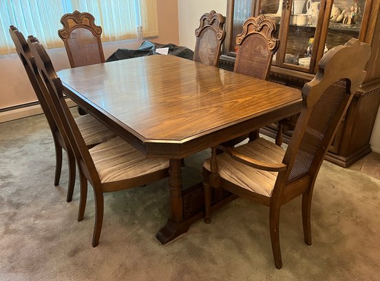 Oak Dining Table With 6 Cane-back Dining Chairs - Table Pads Included