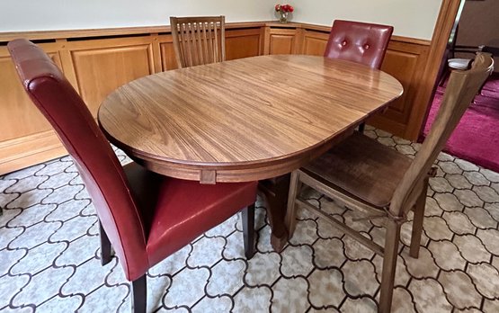 Wood Oval Kitchen Table With 4 Chairs- 2 Red Faux Leather & 2 Wood Chairs