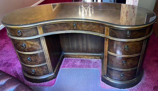 Drexel Heritage Kidney Shaped Desk With Built In Cabinetry, Burl Inlayed Drawers & Glass Top