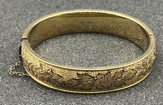 FM Co 12k Gold Filled Floral Etched Hinged Bangle Bracelet 19.5g